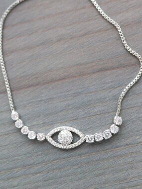Evil Eye Style with CZ Diamond Stones Tennis Style Slider Bracelet Silver